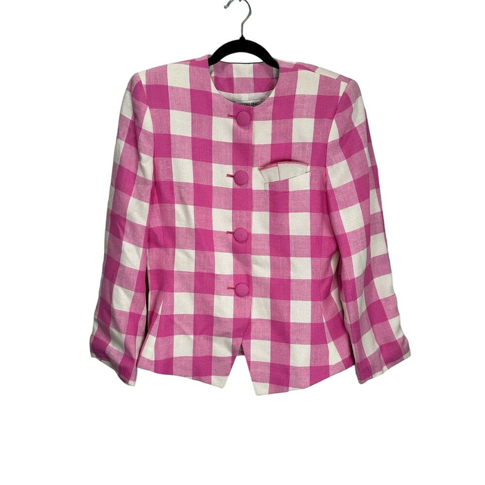VTG Stirling Cooper London Women's Pink Checkered Plaid Linen Blend Blazer sz 12